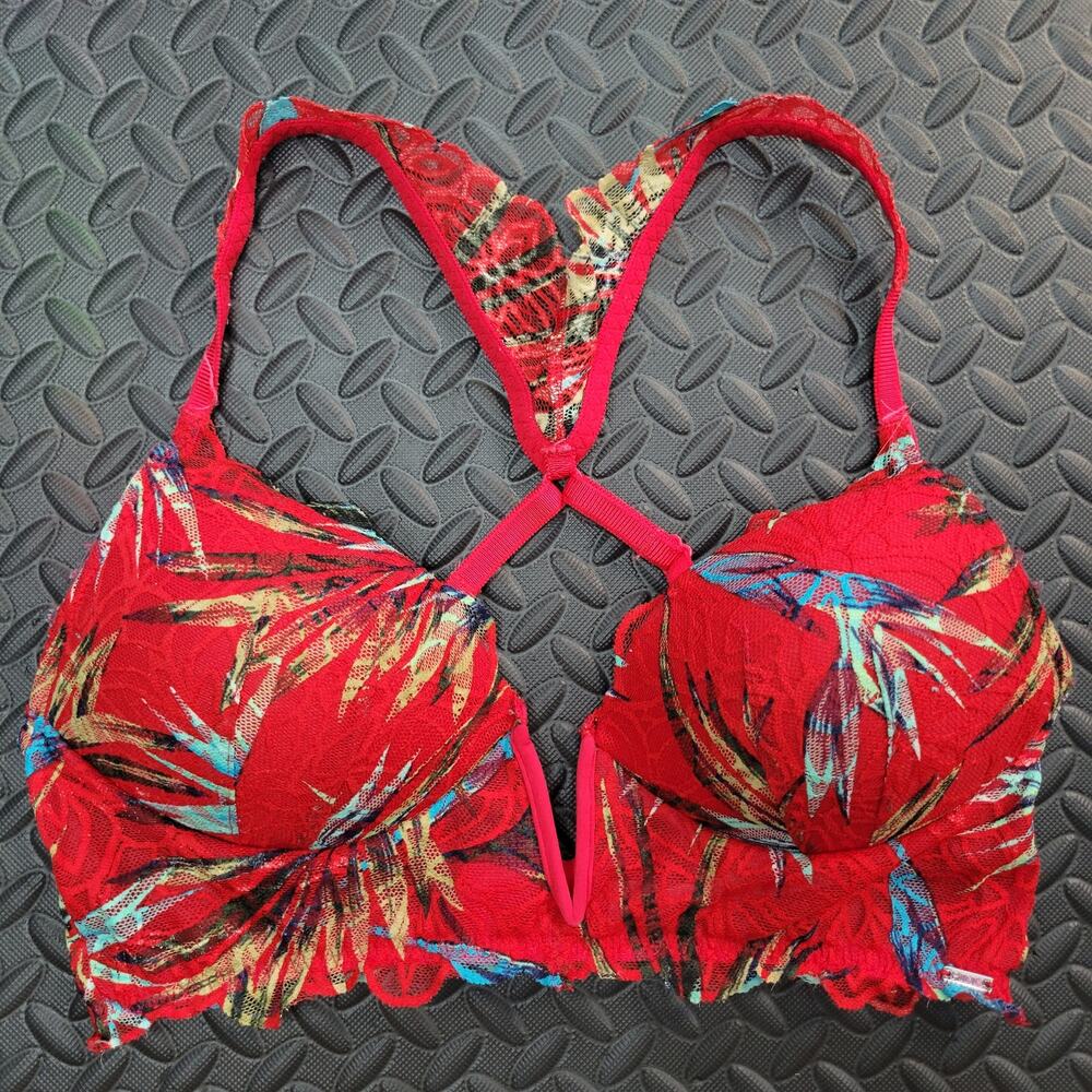 Victoria’s Secret PINK Push Up Bra Medium Red Floral Lace Strappy Back Coquette